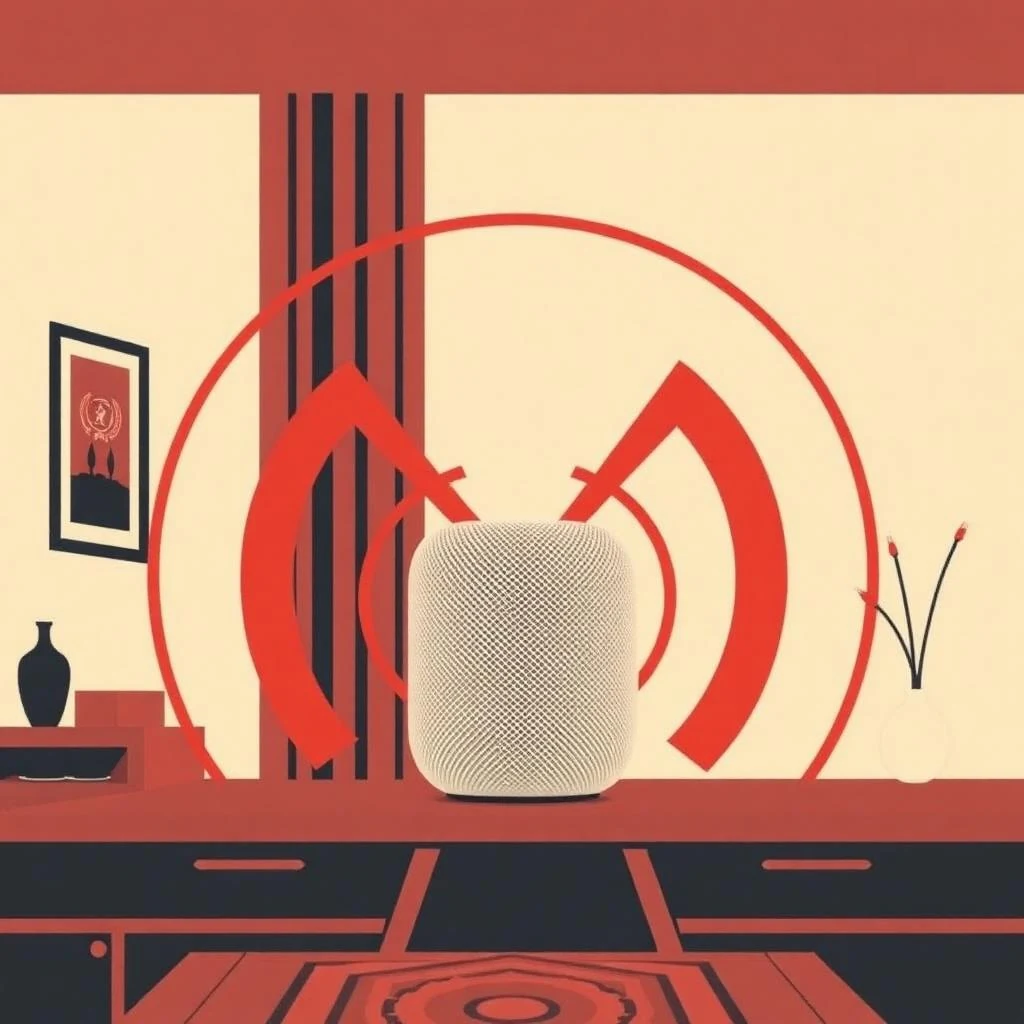 Siri commands for HomePod HomePod smart speaker with red sound waves in a stylized room — constructivist illustration
